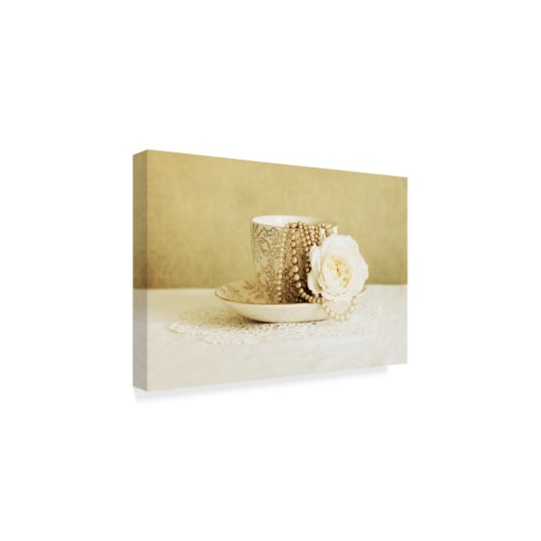 Tom Quartermaine 'Antique Cup And Saucer With White Flower And Pearls' Canvas Art,30x47